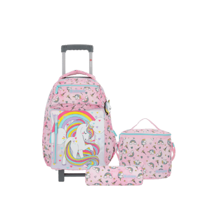 Set mochila con ruedas + lonchera + estuche New Run Pack Unicorn rosado